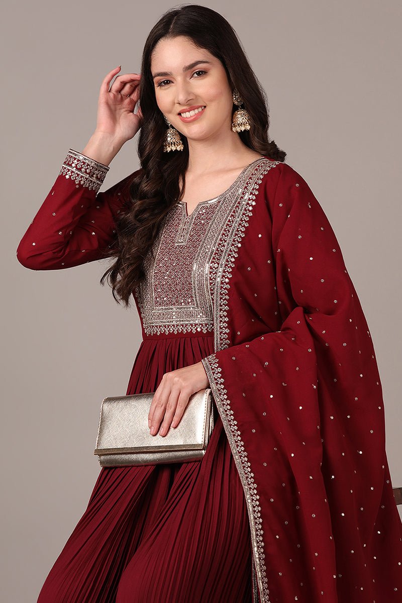 Magenta Georgette Solid Yoke Design Sequined Anarkali Kurta Dupatta Set