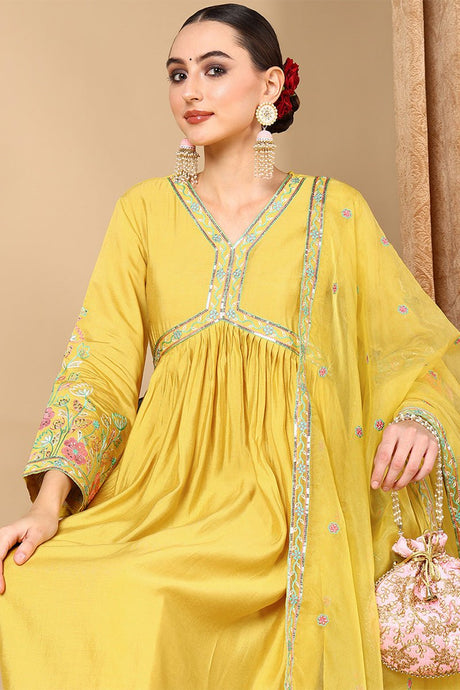 Yellow Silk Blend Embroidered Anarkali Suit Set