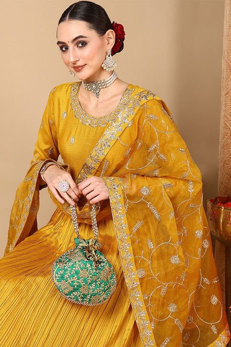 Yellow Silk Blend Embroidered Anarkali Style Suit Set