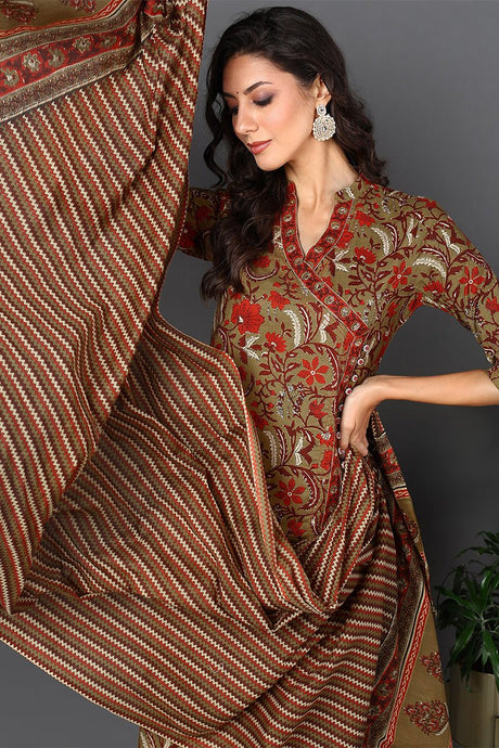 Brown Cotton Ethnic Motifs Printed Angharkha Style Suit Set