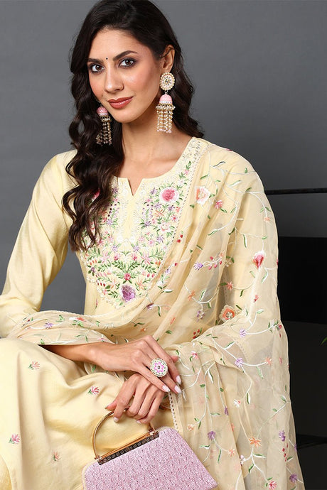 Yellow Silk Blend Solid Embroidered Straight Suit Set