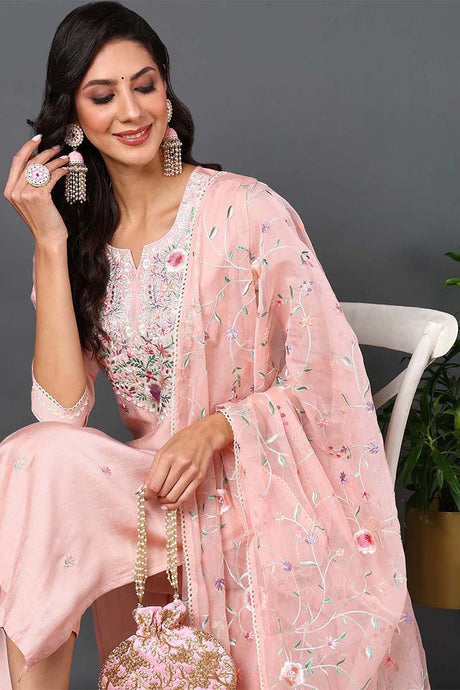 Pink Silk Blend Solid Embroidered Straight Suit Set
