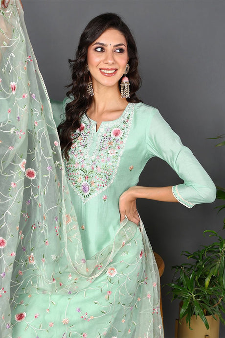 Green Silk Blend Solid Embroidered Straight Style Suit Set