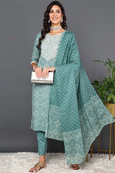 Green Cotton Bandhani Printed Straight Suit Set