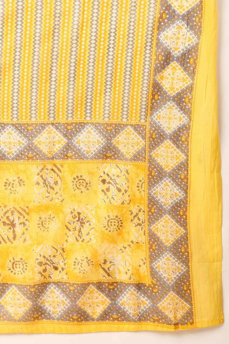 Yellow Cotton Geometric Printed Yoke Design Suit Set