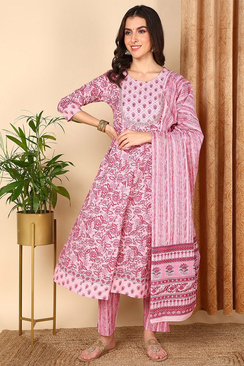 Pink Cotton Floral Printed Yoke Design Suit Set