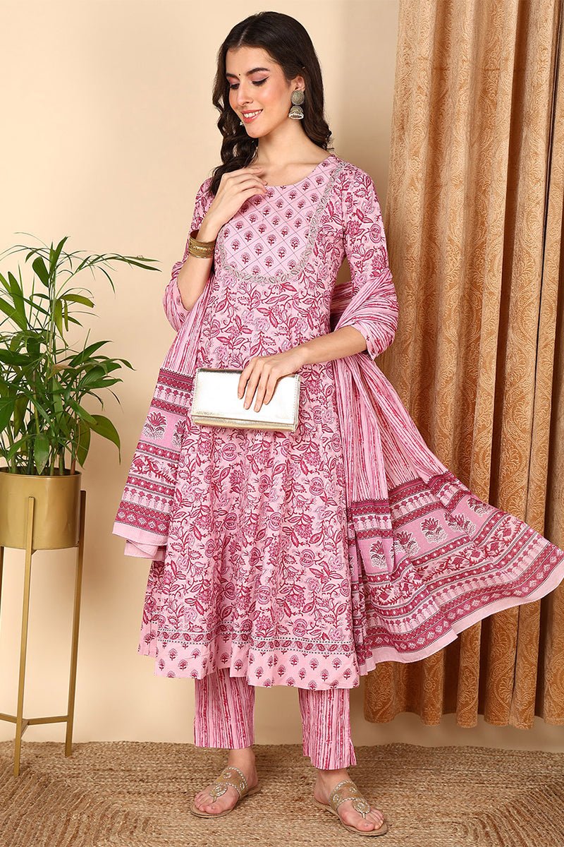 Pink Cotton Floral Printed Yoke Design Suit Set