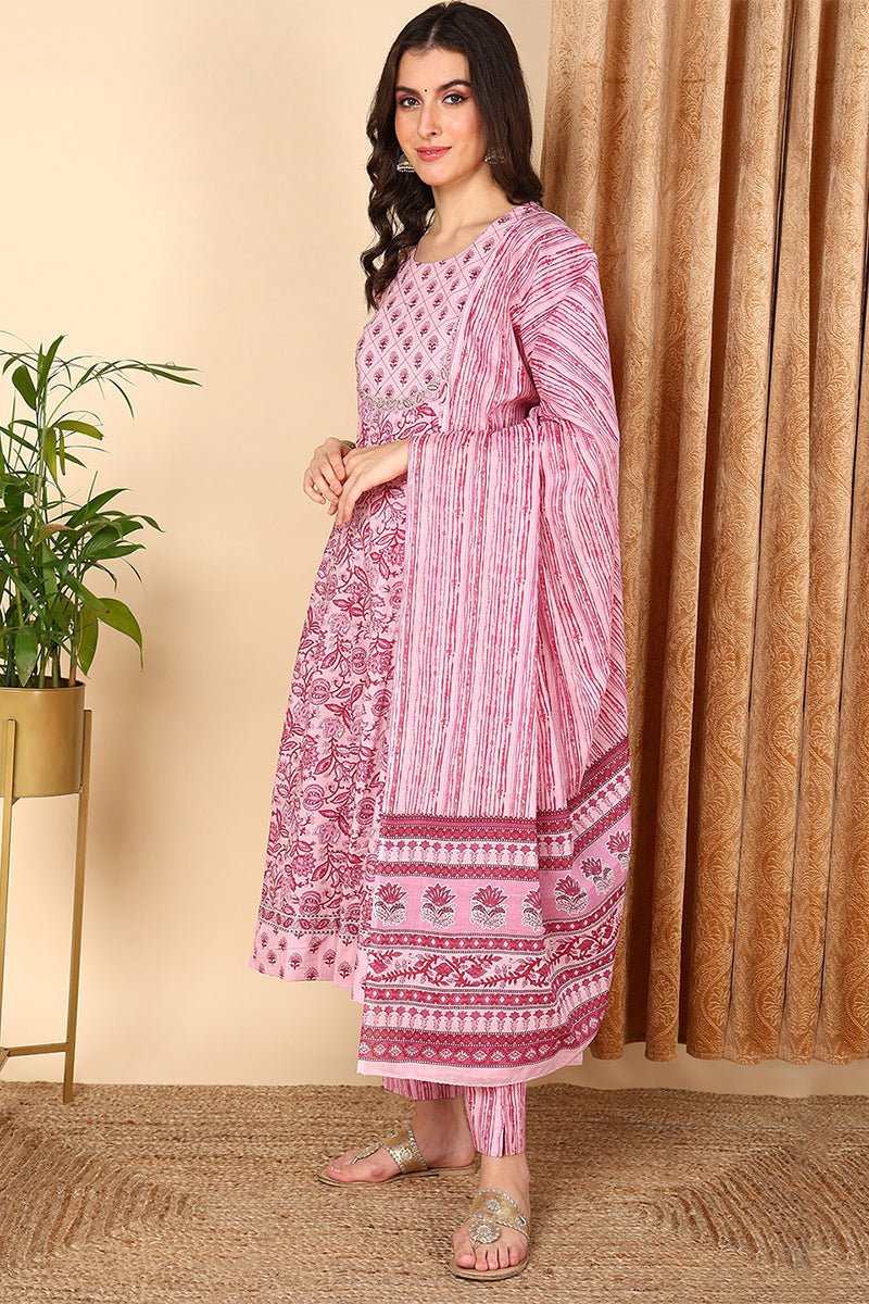 Pink Cotton Floral Printed Yoke Design Suit Set