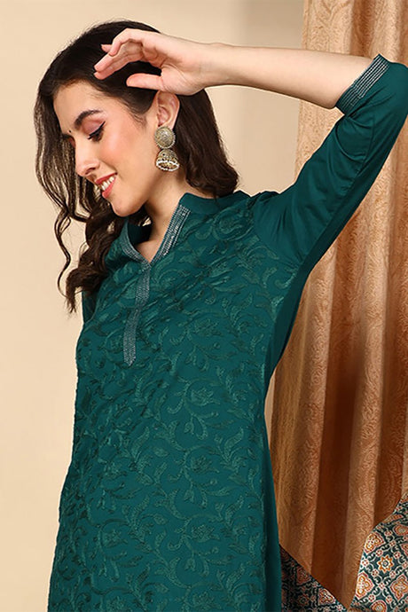 Teal Green Cotton Floral Embroidered Straight Suit Set