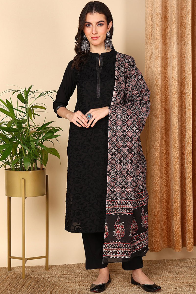 Black Cotton Solid Embroidered Straight Suit Set