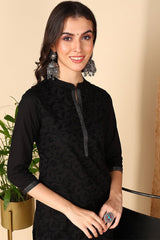 Black Cotton Solid Embroidered Straight Suit Set