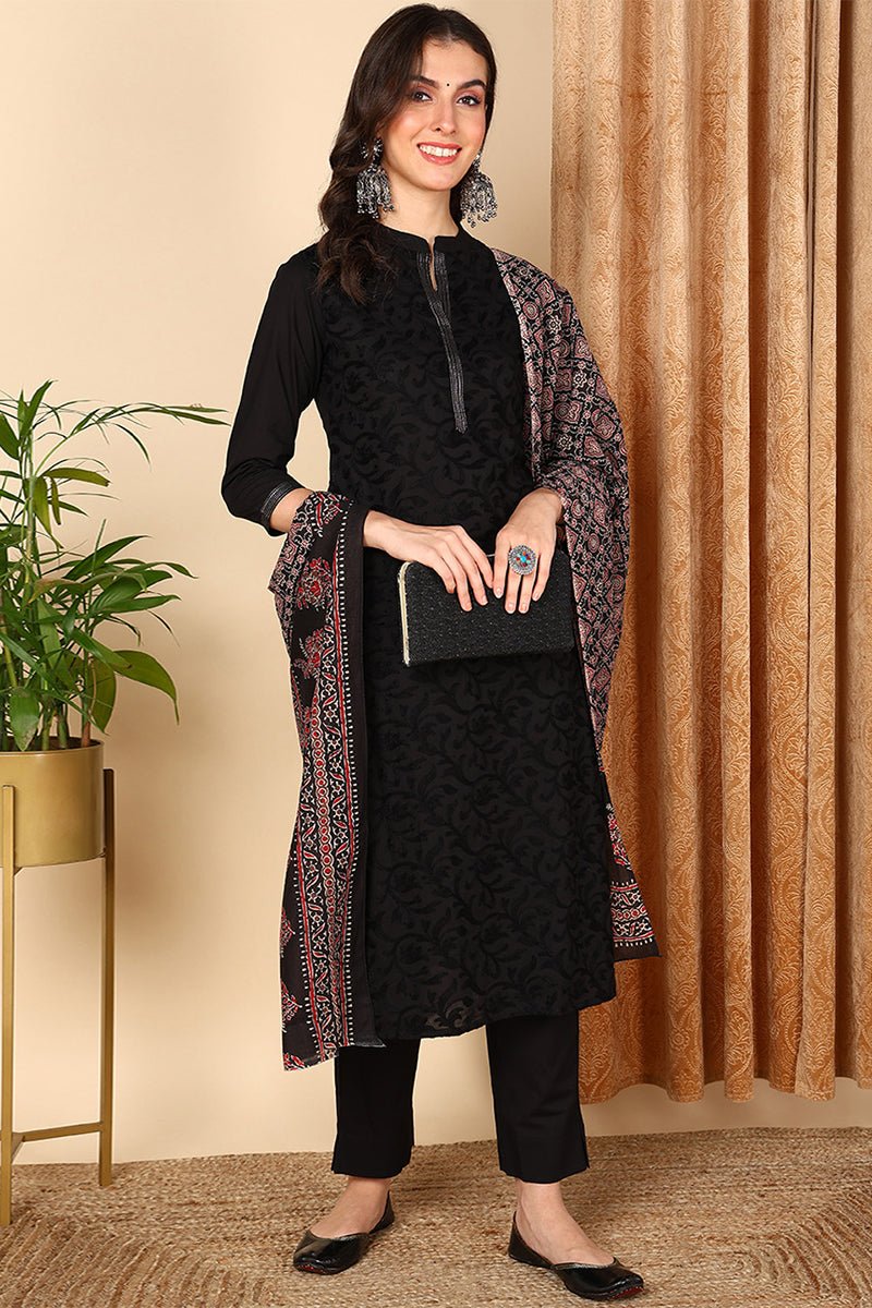 Black Cotton Solid Embroidered Straight Suit Set