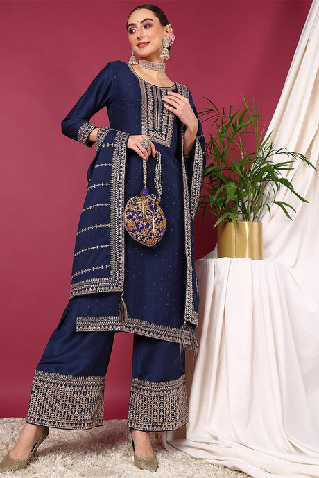 Blue Silk Blend Solid Yoke Design Straight Suit Set