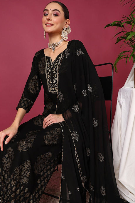 Black Viscose Rayon Solid Woven Design Straight Suit Set