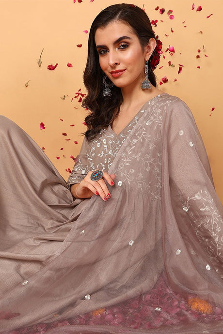 Nude Silk Blend Solid Embroidered Flared Suit Set