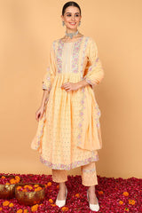 Orange Cotton Solid Embroidered Flared Suit Set