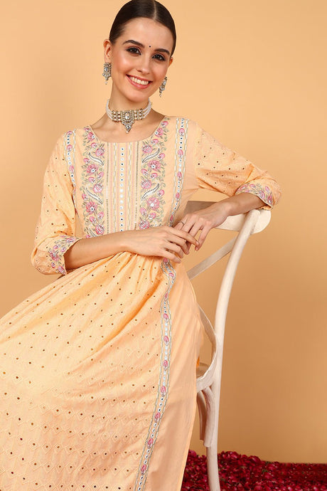 Orange Cotton Solid Embroidered Flared Suit Set