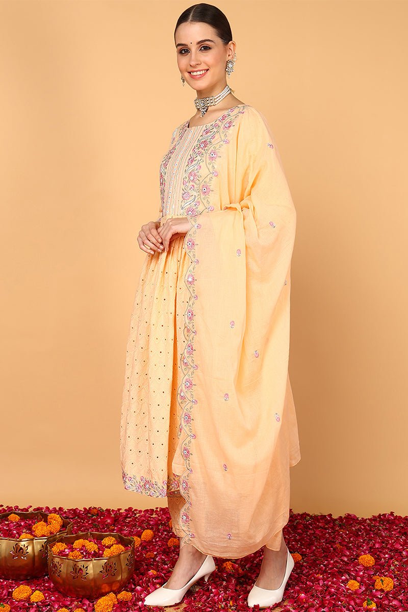 Orange Cotton Solid Embroidered Flared Suit Set