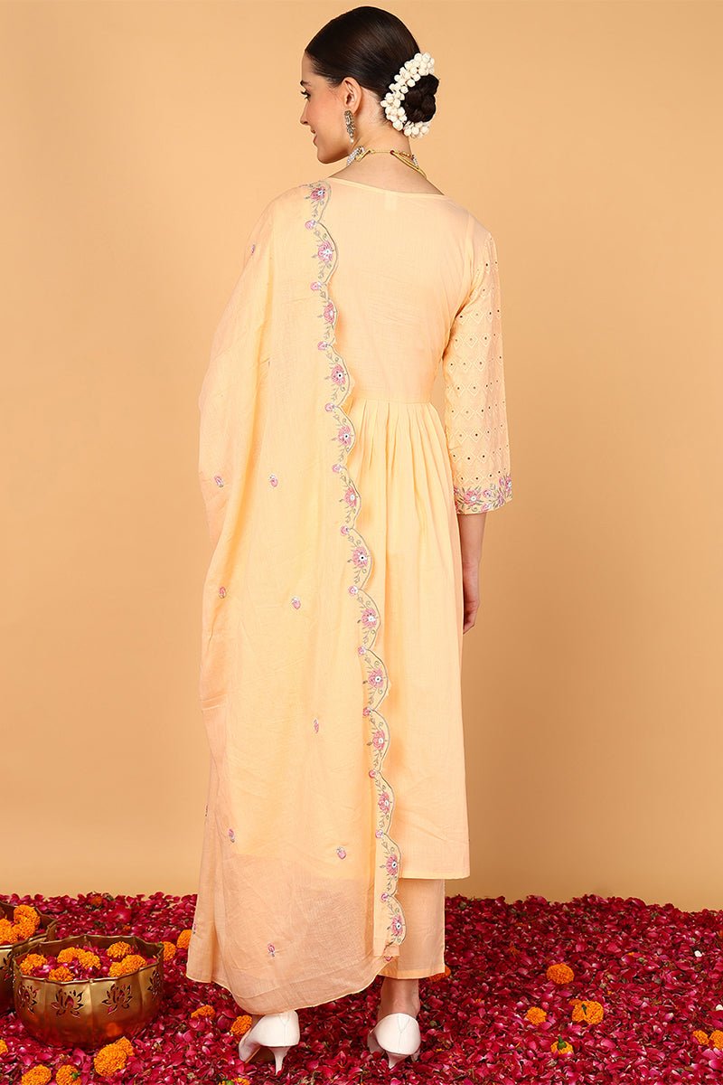 Orange Cotton Solid Embroidered Flared Suit Set