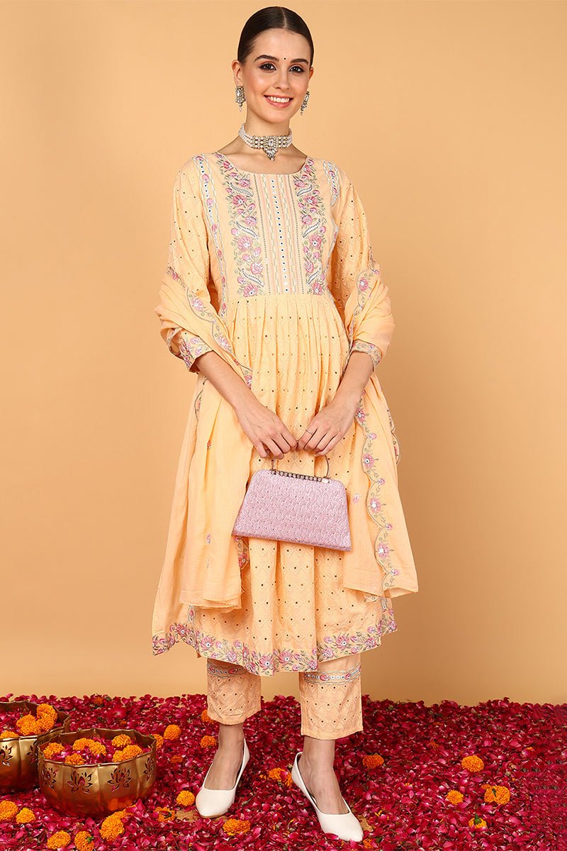 Orange Cotton Solid Embroidered Flared Suit Set