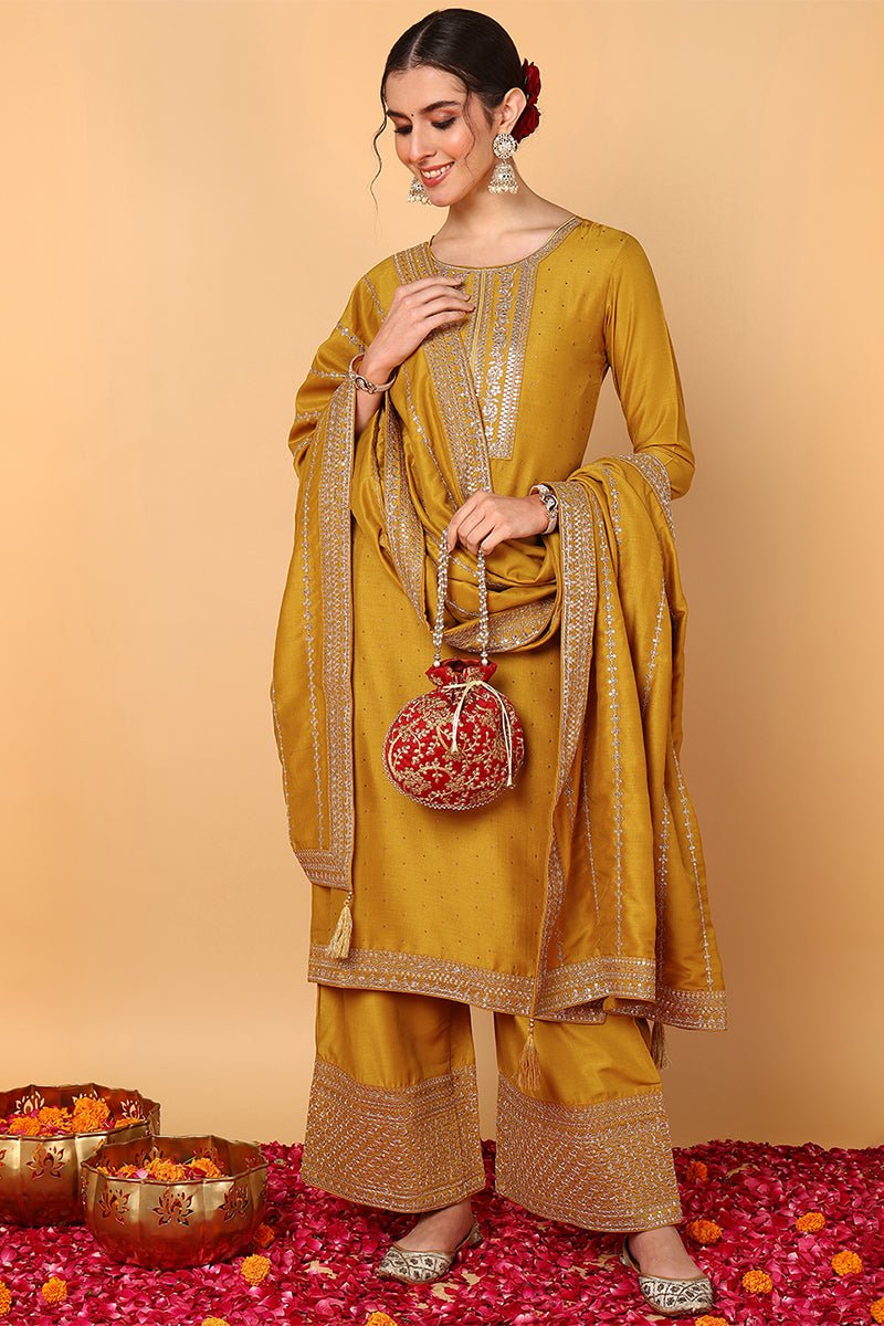 Mustard Silk Blend Solid Embroidered Straight Suit Set