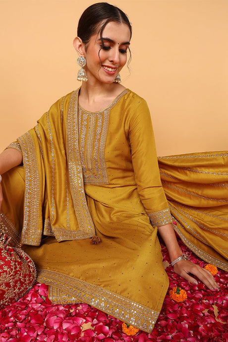 Mustard Silk Blend Solid Embroidered Straight Suit Set