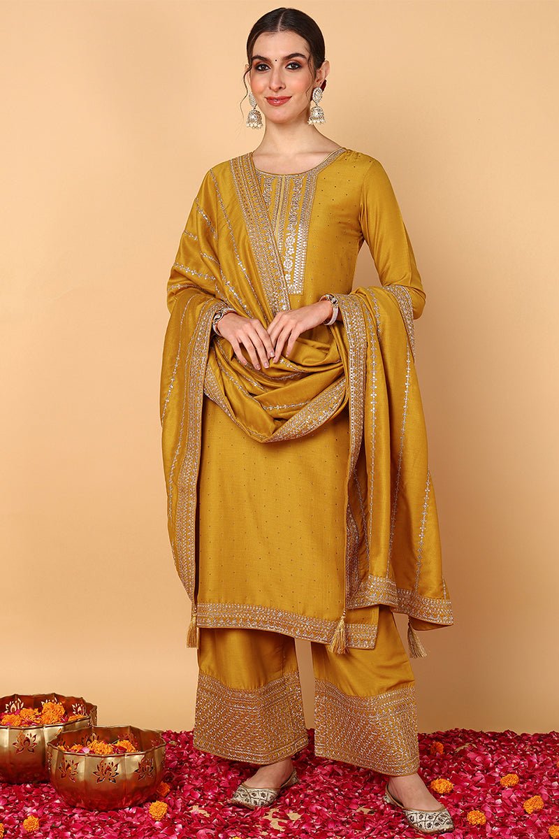 Mustard Silk Blend Solid Embroidered Straight Suit Set