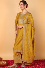 Mustard Silk Blend Solid Embroidered Straight Suit Set