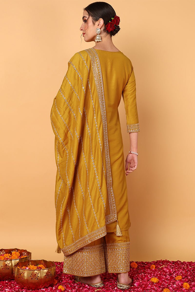 Mustard Silk Blend Solid Embroidered Straight Suit Set