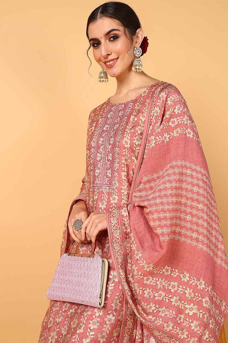 Pink Silk Blend Floral Printed Straight Style Suit Set
