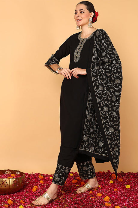 Black Poly Georgette Solid Embroidered Straight Suit Set