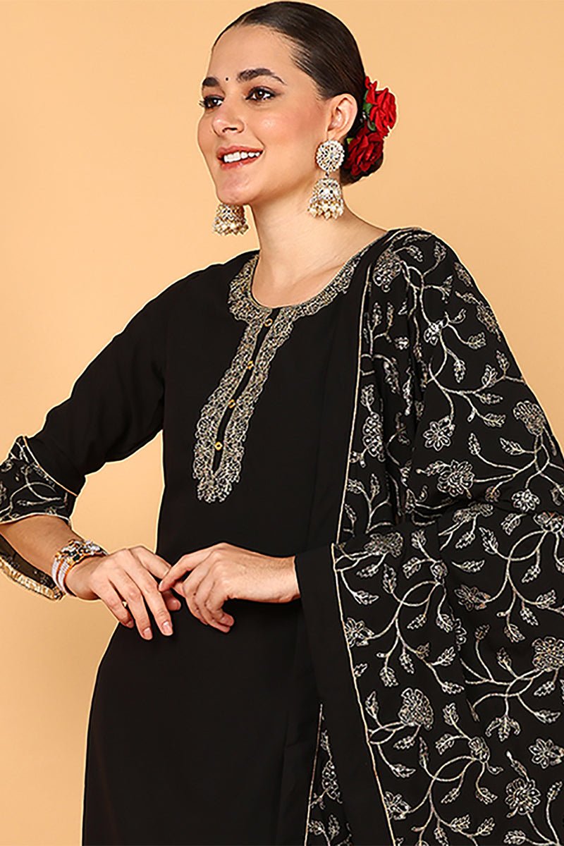 Black Poly Georgette Solid Embroidered Straight Suit Set