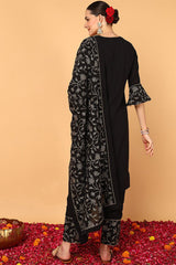 Black Poly Georgette Solid Embroidered Straight Suit Set