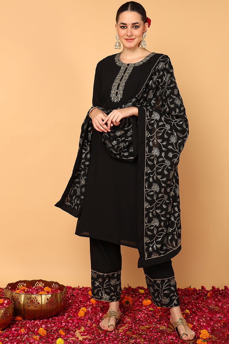 Black Poly Georgette Solid Embroidered Straight Suit Set