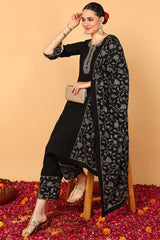 Black Poly Georgette Solid Embroidered Straight Suit Set