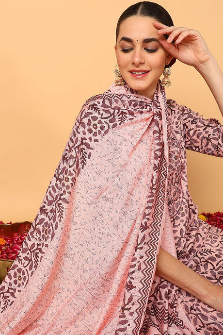 Pink Silk Blend Floral Printed Straight Style Suit Set