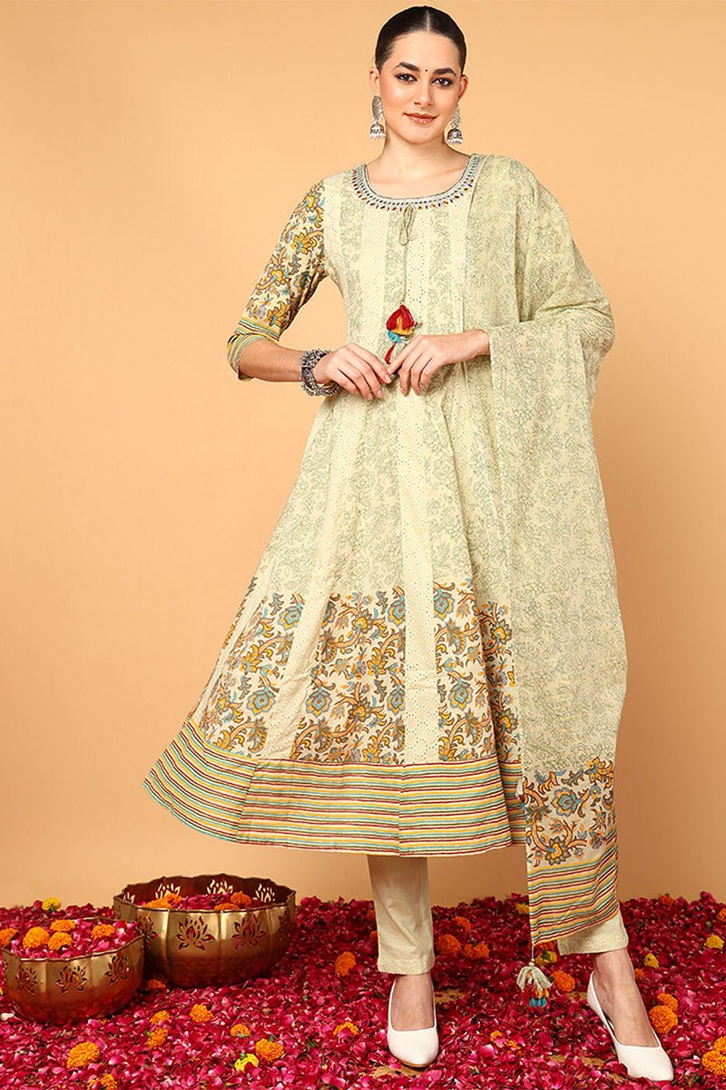 Green Cotton Ethnic Motifs Printed Flared Suit Set