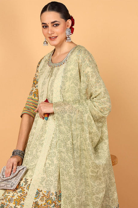 Green Cotton Ethnic Motifs Printed Flared Suit Set