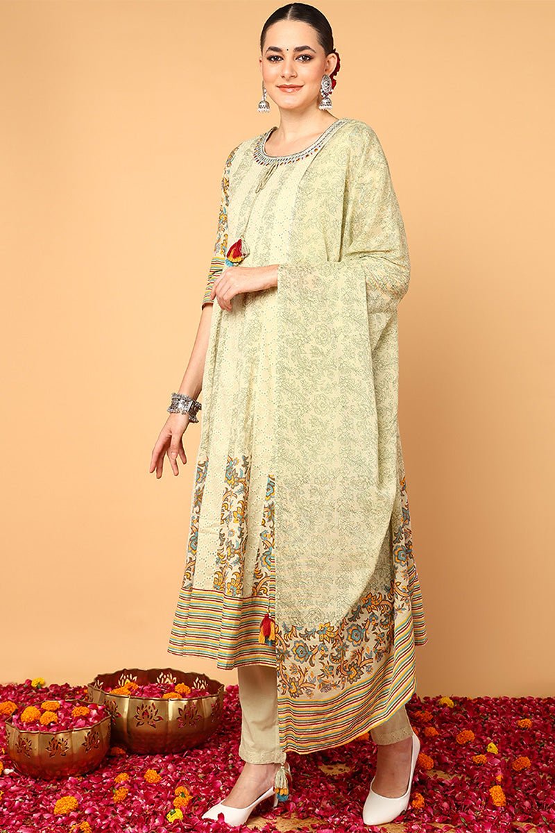 Green Cotton Ethnic Motifs Printed Flared Suit Set