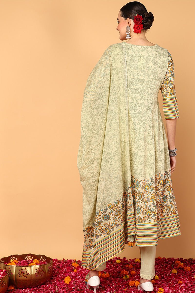 Green Cotton Ethnic Motifs Printed Flared Suit Set