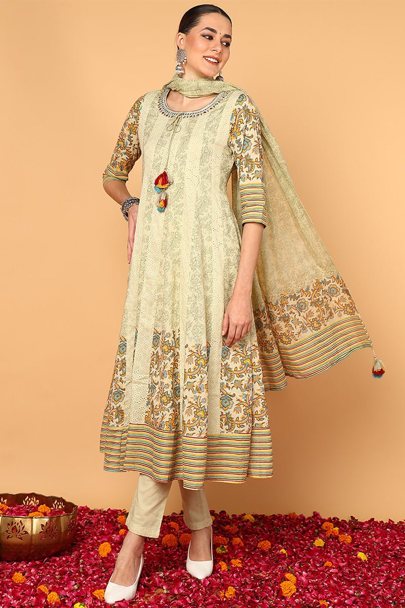 Green Cotton Ethnic Motifs Printed Flared Suit Set