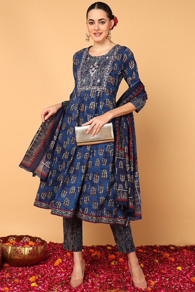 Blue Cotton Ethnic Motifs Printed Flared Suit Set