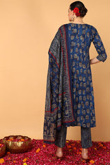 Blue Cotton Ethnic Motifs Printed Flared Suit Set