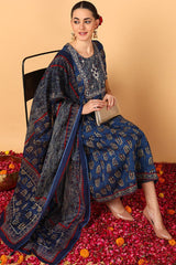 Blue Cotton Ethnic Motifs Printed Flared Suit Set