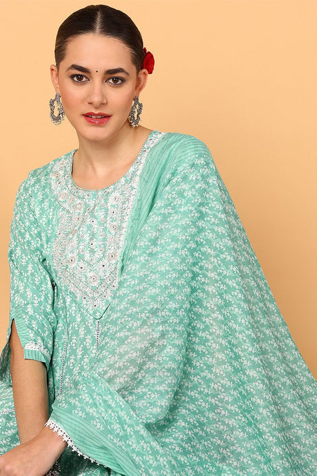 Sea Green Viscose Rayon Ethnic Motifs Printed Flared Suit Set