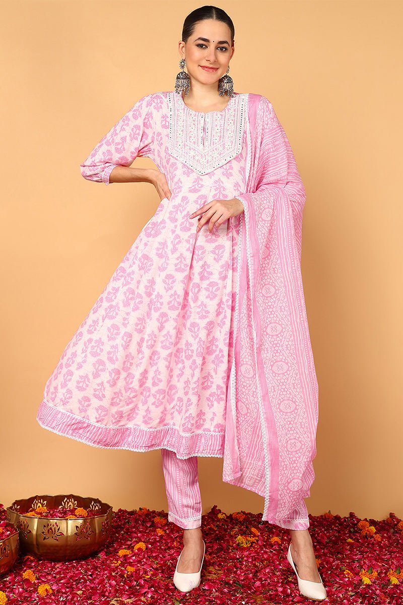 Pink Viscose Rayon Ethnic Motifs Printed Flared Suit Set