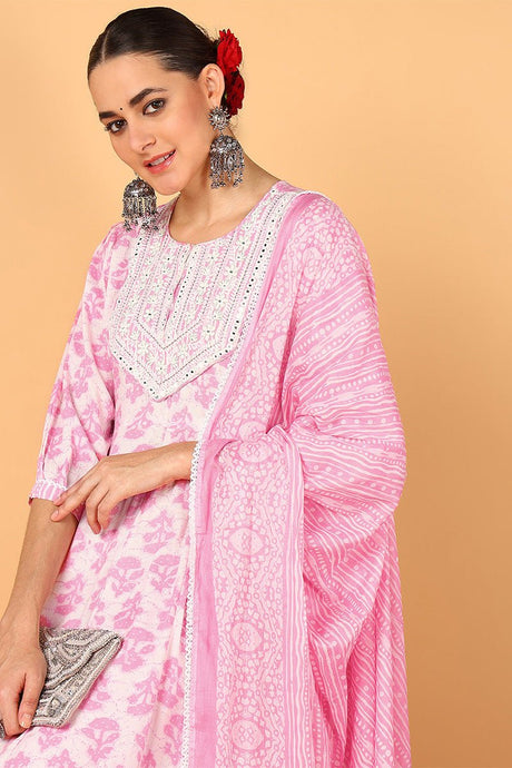 Pink Viscose Rayon Ethnic Motifs Printed Flared Suit Set