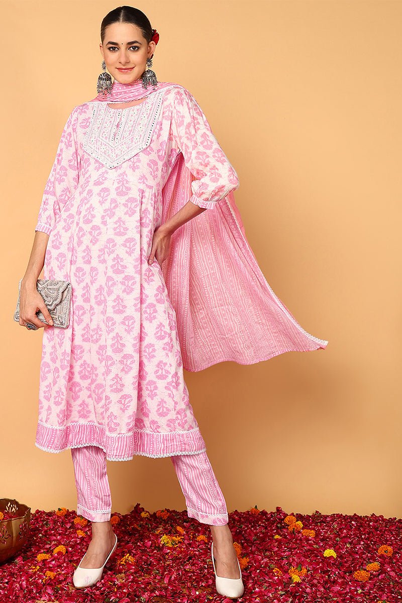 Pink Viscose Rayon Ethnic Motifs Printed Flared Suit Set