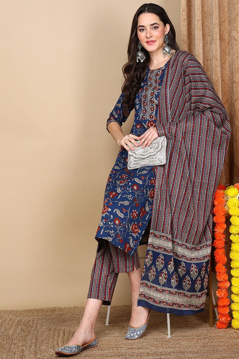 Navy Blue Cotton Floral Printed Flared Style Suit Set
