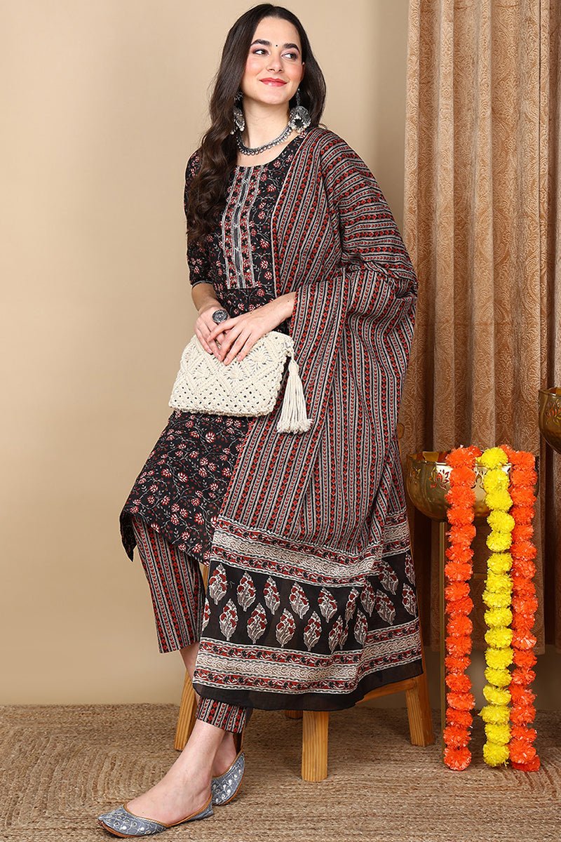 Black Cotton Floral Printed Flared Style Suit Set